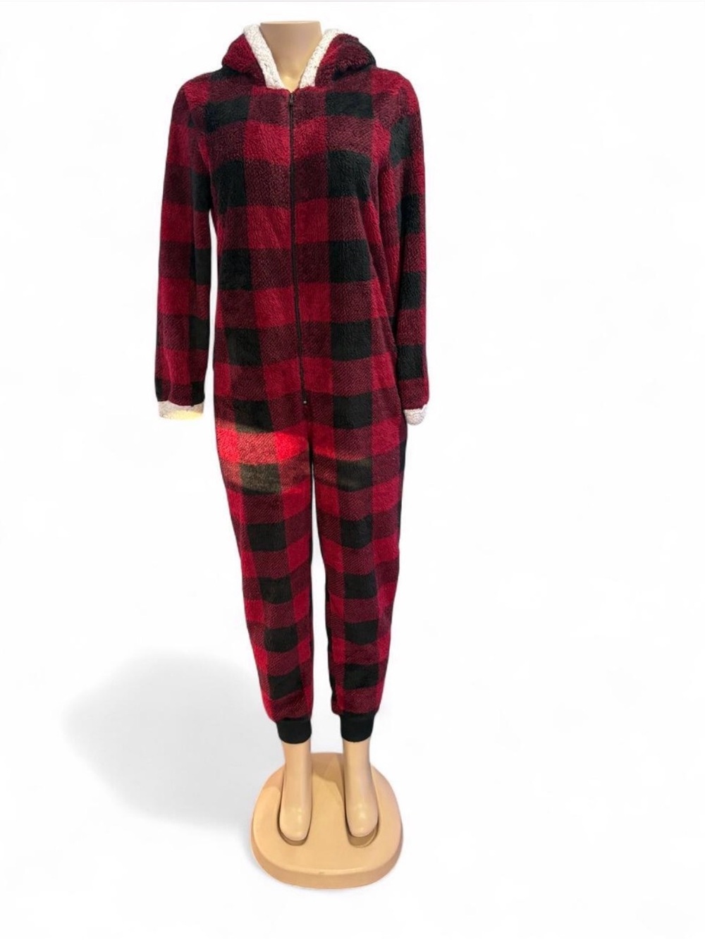 Cozy Buffalo Plaid Hooded Fleece Onesie - Red & Black